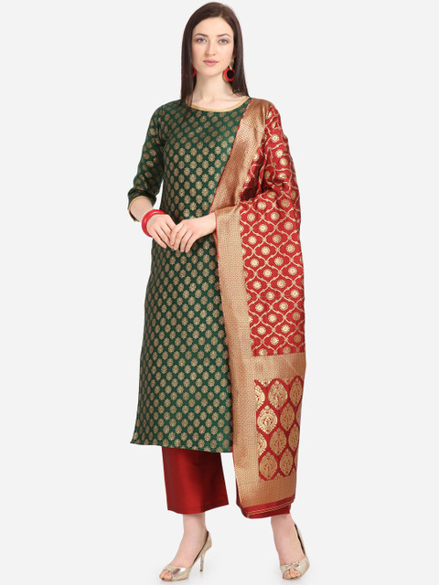 

Kvsfab Green & Red Silk Blend Unstitched Dress Material