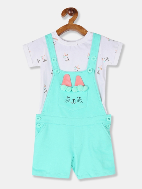 

Cherokee Girls Sea Green & White Solid T-shirt with Dungaree Shorts