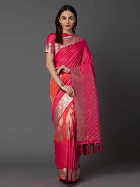 

Mitera Pink & Orange Silk Blend Woven Design Banarasi Saree