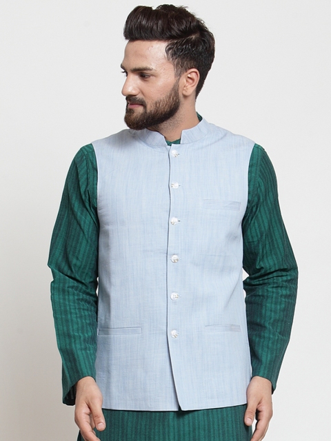 

NEUDIS Men Blue Solid Woven Pure Cotton Nehru Jacket