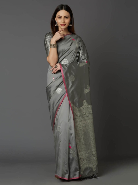 

Mitera Grey & Silver-Coloured Silk Blend Woven Design Banarasi Saree