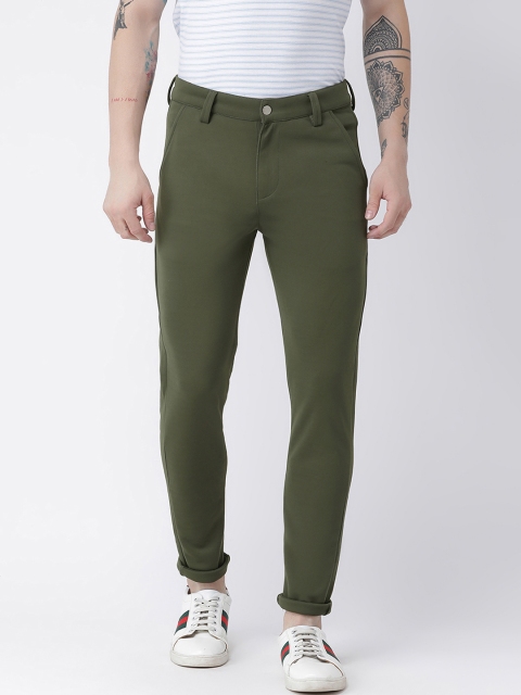 

REALM Men Olive Green Skinny Fit Solid Regular Trousers