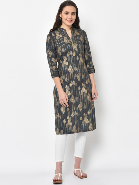 

FLAVIDO Women Grey & Gold-Toned Printed Straight Kurta