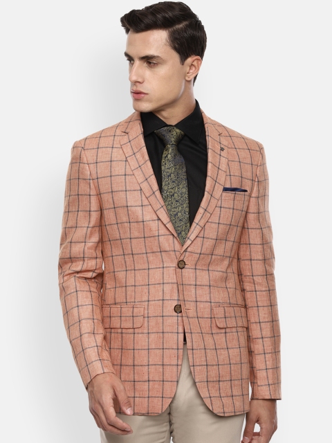 

Louis Philippe Men Orange & Grey Checked Slim Fit Single-Breasted Formal Blazer