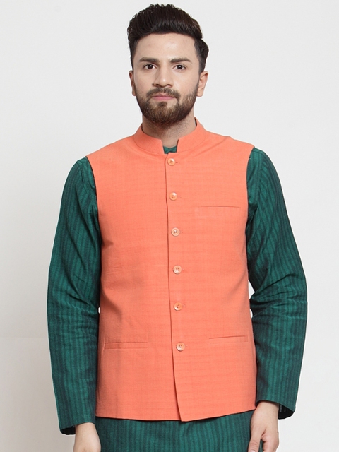 

NEUDIS Men Orange Solid Woven Pure Cotton Nehru Jacket