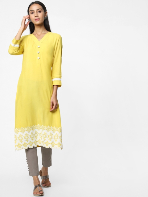 Naari Women Yellow & White Embroidered Straight Kurta