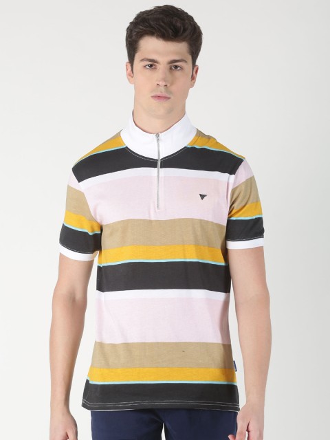 

Blue Saint Men Pink & Beige Striped High Neck T-shirt