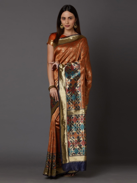 Mitera Orange & Gold-Coloured Silk Blend Woven Design Banarasi Saree