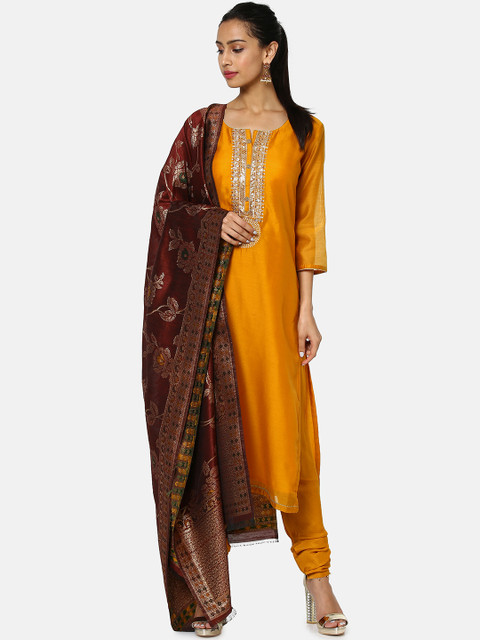 

Soch Mustard Yellow & Maroon Silk Blend Unstitched Dress Material