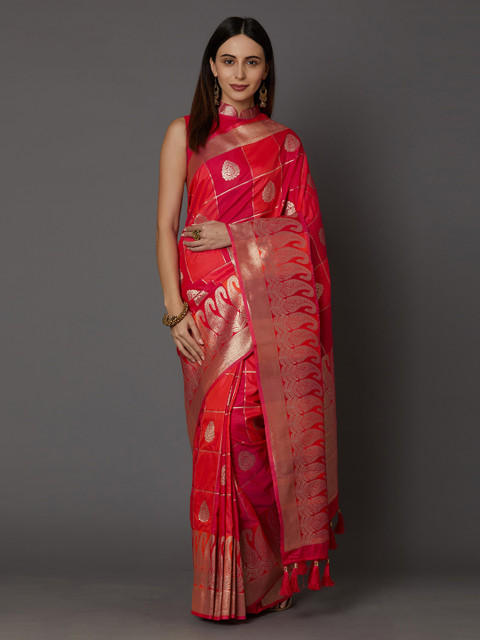 

Mitera Pink & Gold-Coloured Silk Blend Woven Design Banarasi Saree