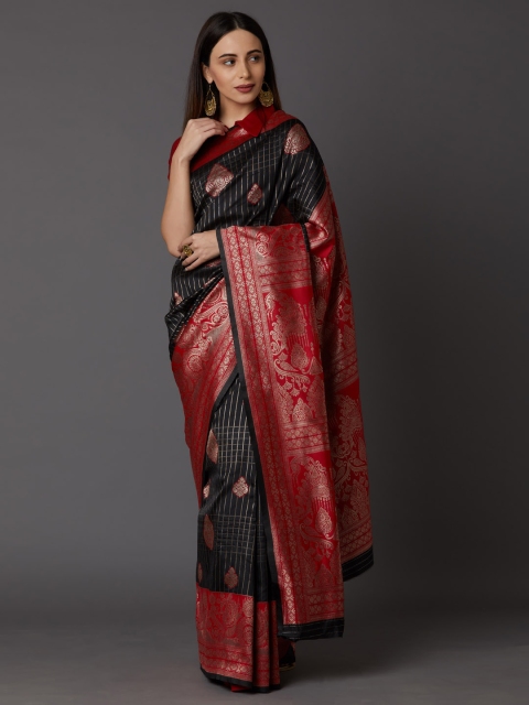 

Mitera Black & Red Silk Blend Woven Design Banarasi Saree