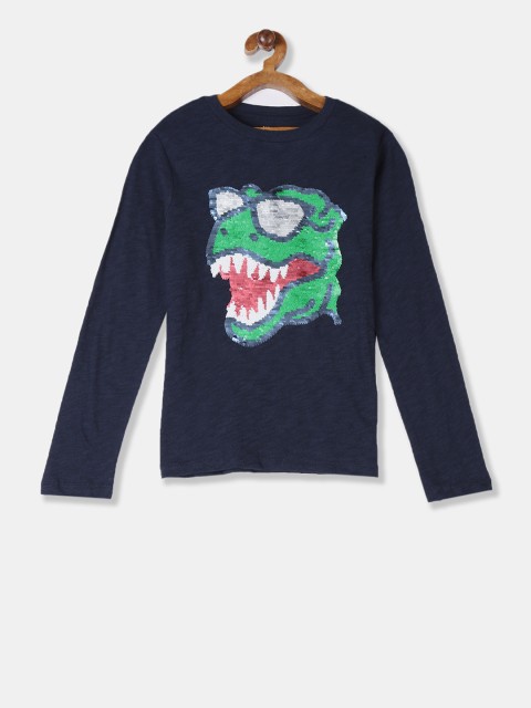 

GAP Boys Blue Mermaid Sequins Self Design Round Neck T-shirt