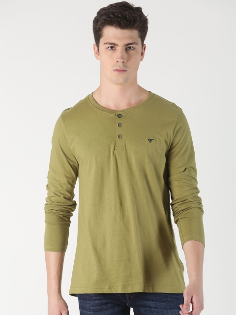 

Blue Saint Men Olive Green Solid Mandarin Collar T-shirt
