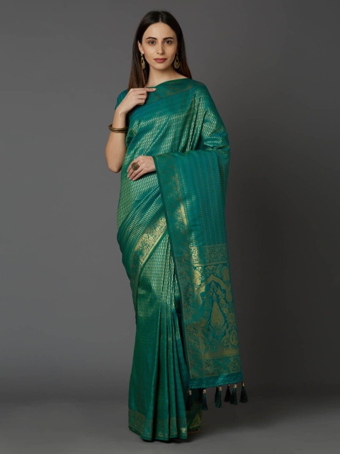 

Mitera Teal & Gold-Toned Silk Blend Woven Design Banarasi Saree