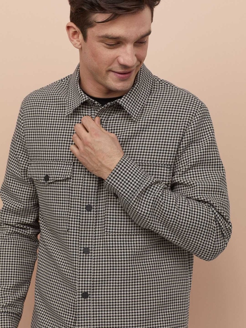 

H&M Men Black & Off-White Printed Cotton Shirt Jacket