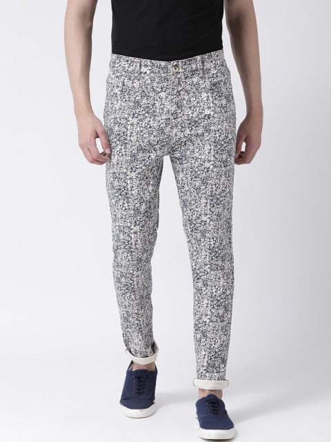 

REALM Men White & Navy Blue Slim Fit Printed Regular Trousers