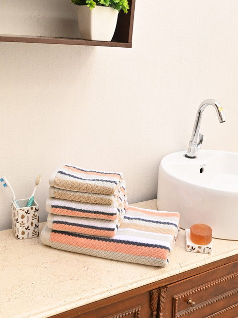 

Avira Home Unisex Coral Orange & Beige Striped 550 GSM Towel Set