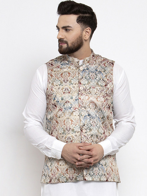 

Jompers Men Brown & White Printed Satin Nehru Jacket