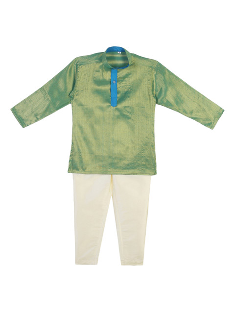 

Sethukrishna Boys Green & Cream-Coloured Solid Kurta with Pyjamas