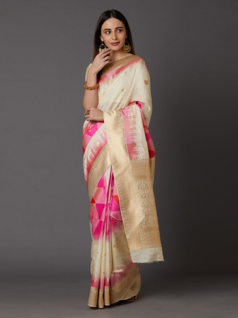 

Mitera Cream-Coloured & Pink Silk Blend Woven Design Banarasi Saree