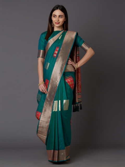 

Mitera Teal Blue & Red Silk Blend Woven Design Banarasi Saree