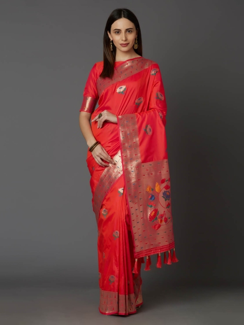 

Mitera Red & Gold-Toned Silk Blend Woven Design Banarasi Saree