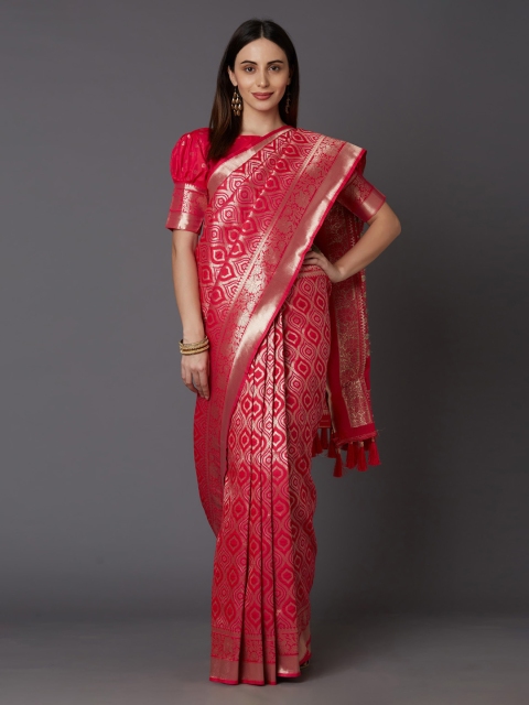 Mitera Pink & Gold-Toned Silk Blend Woven Design Banarasi Saree