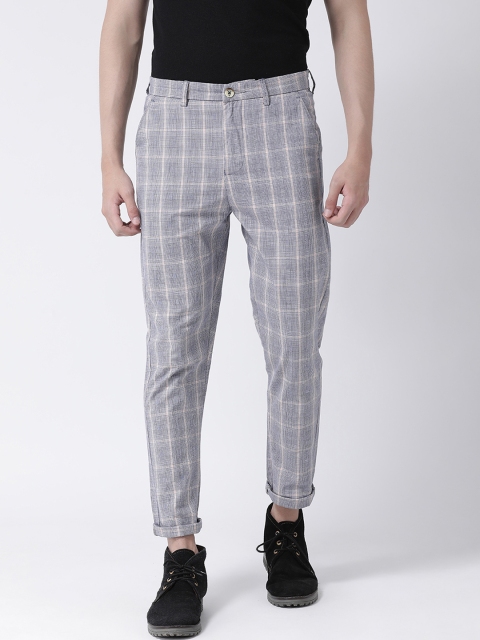 

REALM Men Grey & Off-White Slim Fit Checked Regular Trousers