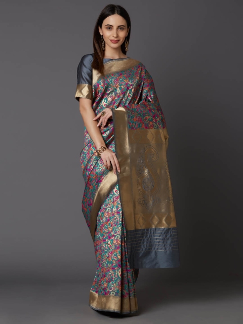 

Mitera Grey & Gold-Coloured Silk Blend Woven Design Banarasi Saree