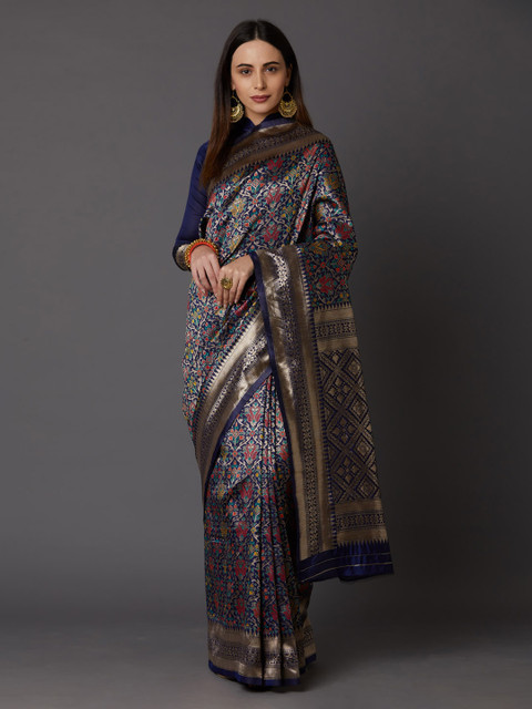

Mitera Navy Blue & Gold-Toned Silk Blend Woven Design Banarasi Saree