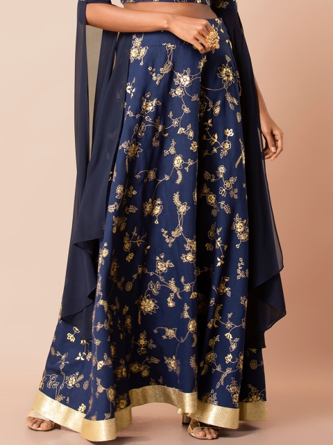 

INDYA Women Navy Blue & Gold-Coloured Foil Printed Sequinned Border Maxi Skirt