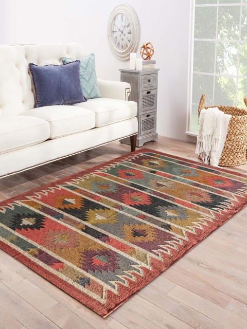 

Jaipur Rugs Rust Red & Blue Printed Jute Hemp Kilim Handmade Carpet