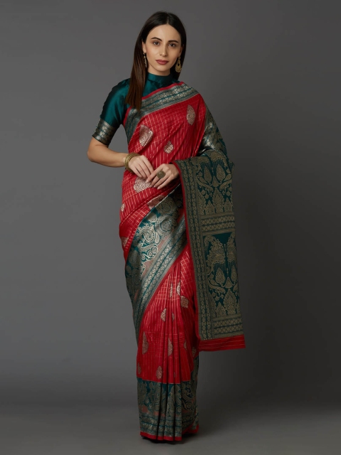 

Mitera Green & Red Silk Blend Woven Design Banarasi Saree