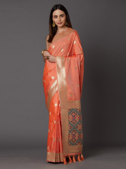 

Mitera Orange & Gold-Toned Silk Blend Woven Design Banarasi Saree
