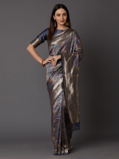 

Mitera Grey & Gold-Coloured Silk Blend Woven Design Banarasi Saree