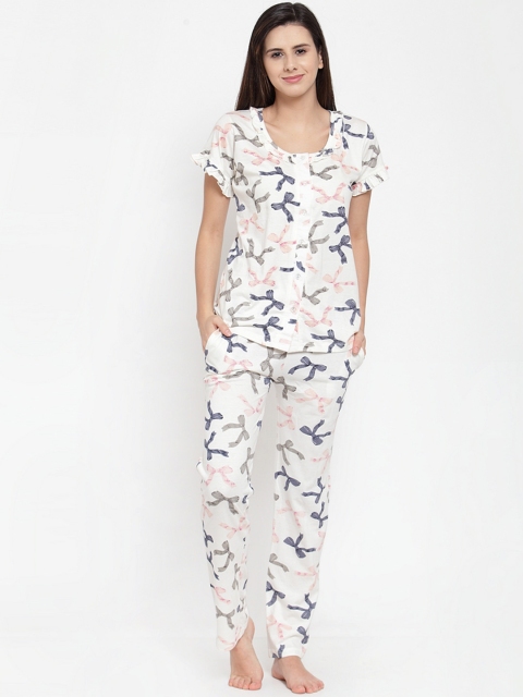 

Claura Women White & Blue Printed Night suit