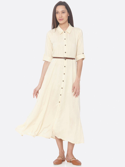 

RAISIN Women Cream-Coloured Solid Shirt Dress