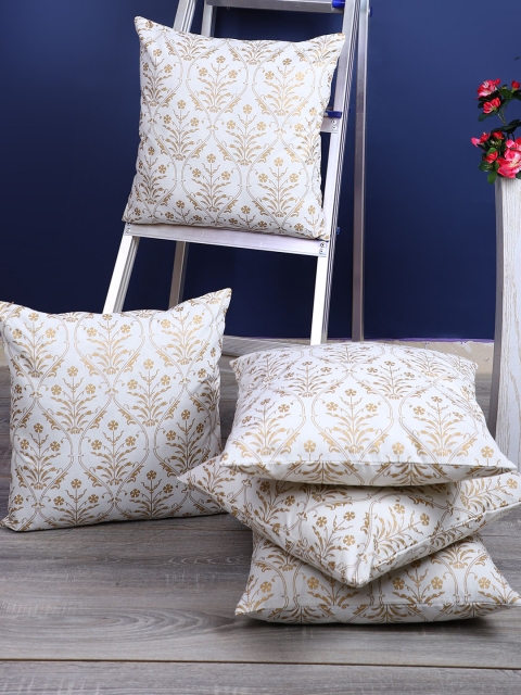 

Rajasthan Decor White & Gold-Coloured Set of 5 Ethnic Motifs Square Cushion Covers