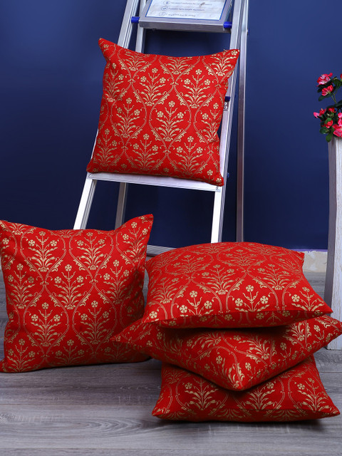 

Rajasthan Decor Red & Gold-Toned Set of 5 Ethnic Motifs Square Cushion Covers