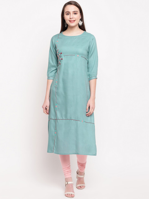 

Vbuyz Women Sea Green Embroidered Straight Kurta