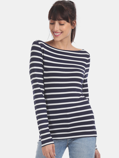 

GAP Women Navy Blue & White Boat Neck Striped Top