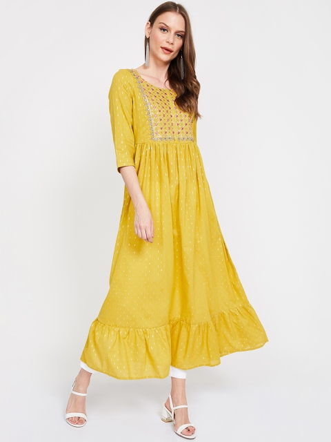 

Melange by Lifestyle Women Mustard Yellow & Off-White Embroidered A-Line Kurta