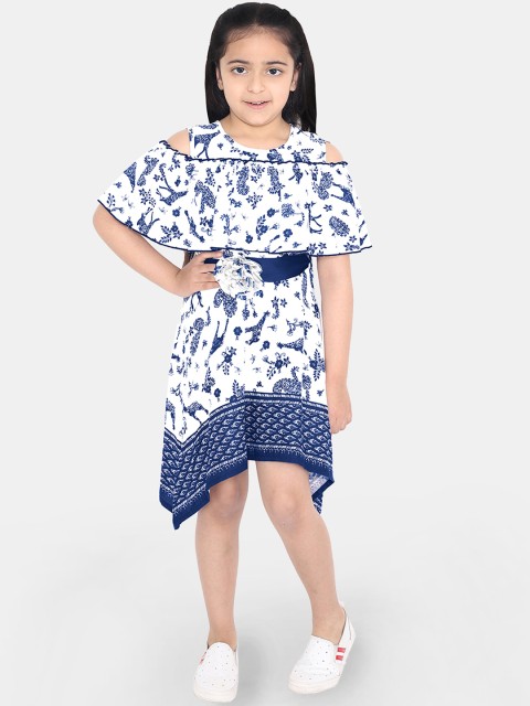 

naughty ninos Girls White & Navy Blue Printed Fit and Flare Dress