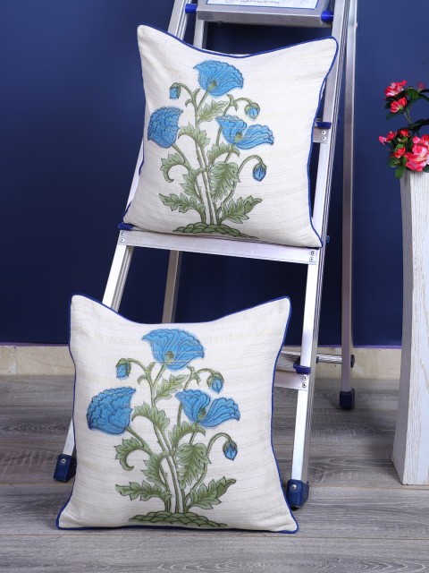 Rajasthan Decor Off-White & Blue Set of 2 Floral Square Cushion Covers