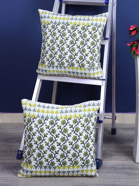 

Rajasthan Decor White & Olive Green Set of 2 Ethnic Motifs Square Cushion Covers