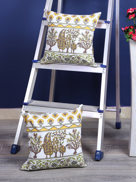 

Rajasthan Decor White & Yellow Set of 2 Ethnic Motifs Square Cushion Covers