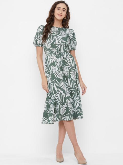 

109F Women Olive Green & Off-White Printed Fit and Flare Dress