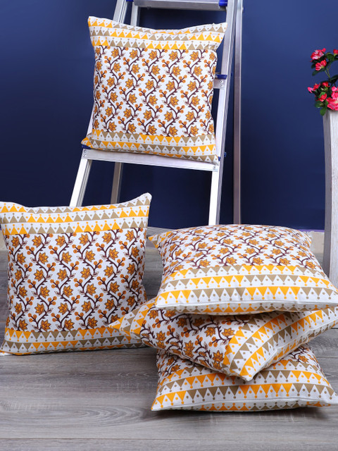 

Rajasthan Decor White & Yellow Set of 5 Floral Square Cushion Covers
