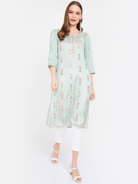 

Melange by Lifestyle Women Sea Green & Off-White Embroidered Straight Kurta