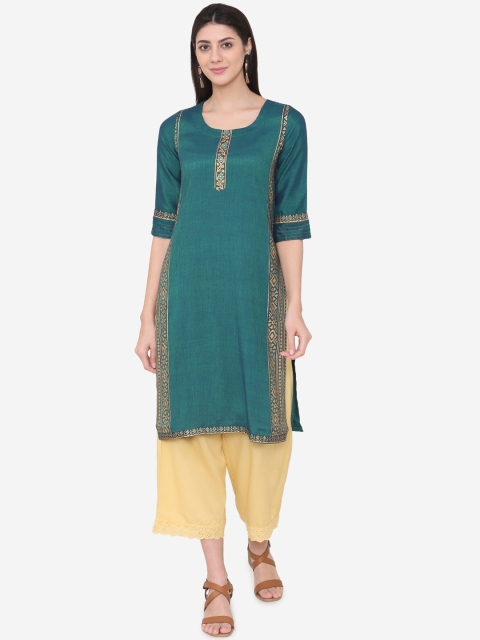 

Laabha Women Teal Green & Gold-Coloured Yoke Design Straight Kurta